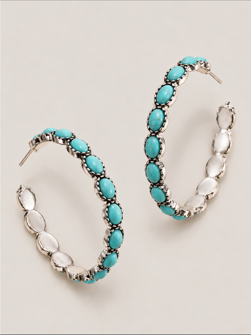 New! Boho Turquoise Silver Oval Stone Statement Hoop Earrings NWOT